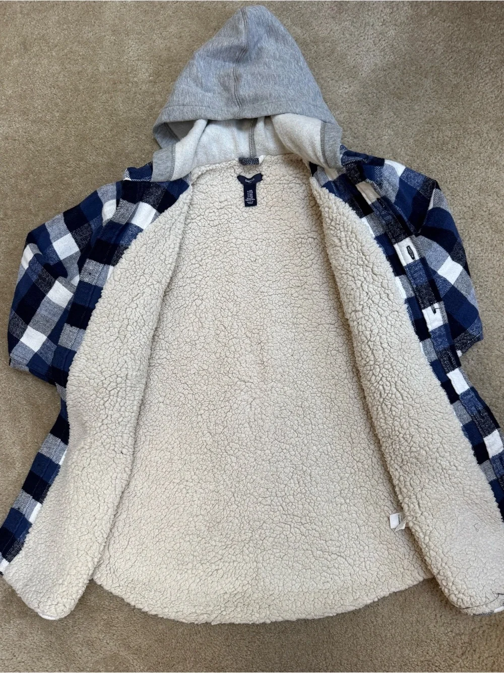 GAP Sz XXL (13/14) Unisex Blue, Navy & White Plaid Hooded Shirt Jacket